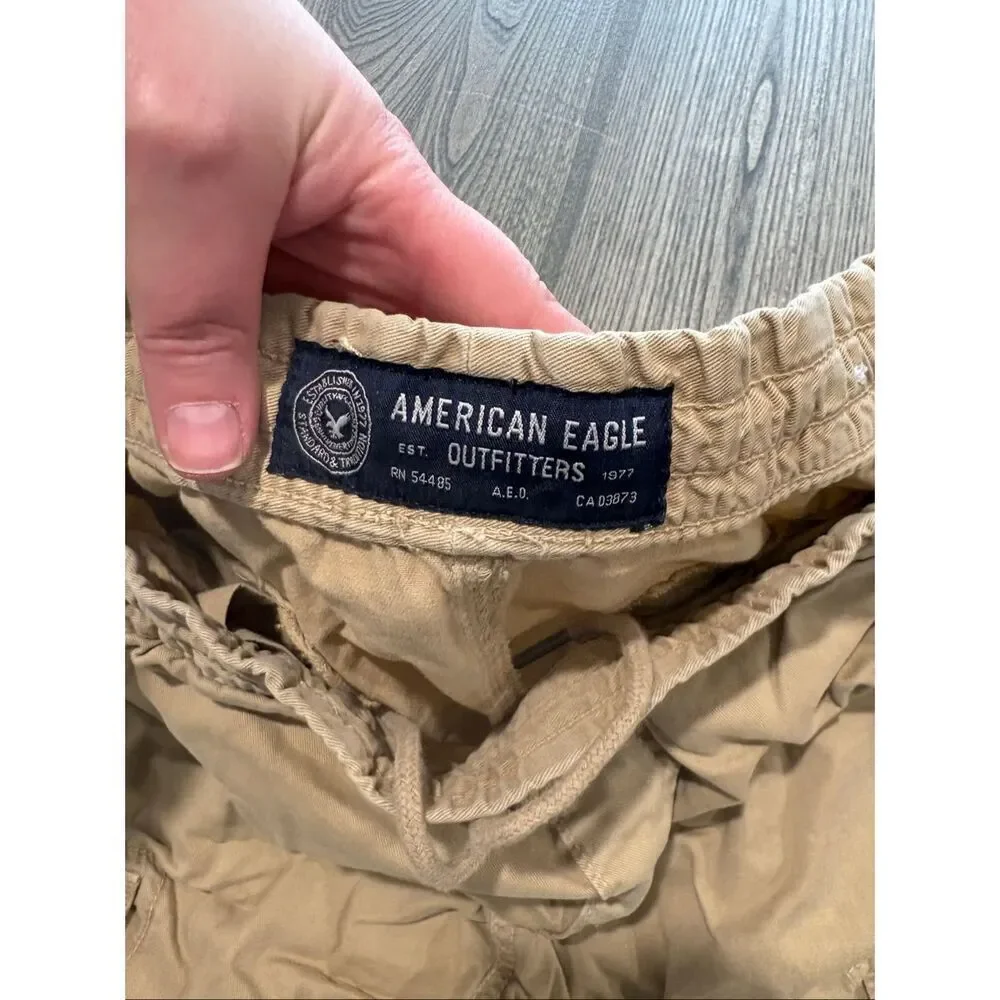 American Eagle Mens Cargo Shorts Drawstring Elastic Waist Cotton Khaki Size M